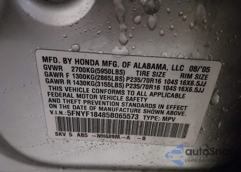 2005 Honda Pilot Ex z USA, uszkodzony, nr VIN 5FNYF18485B065573